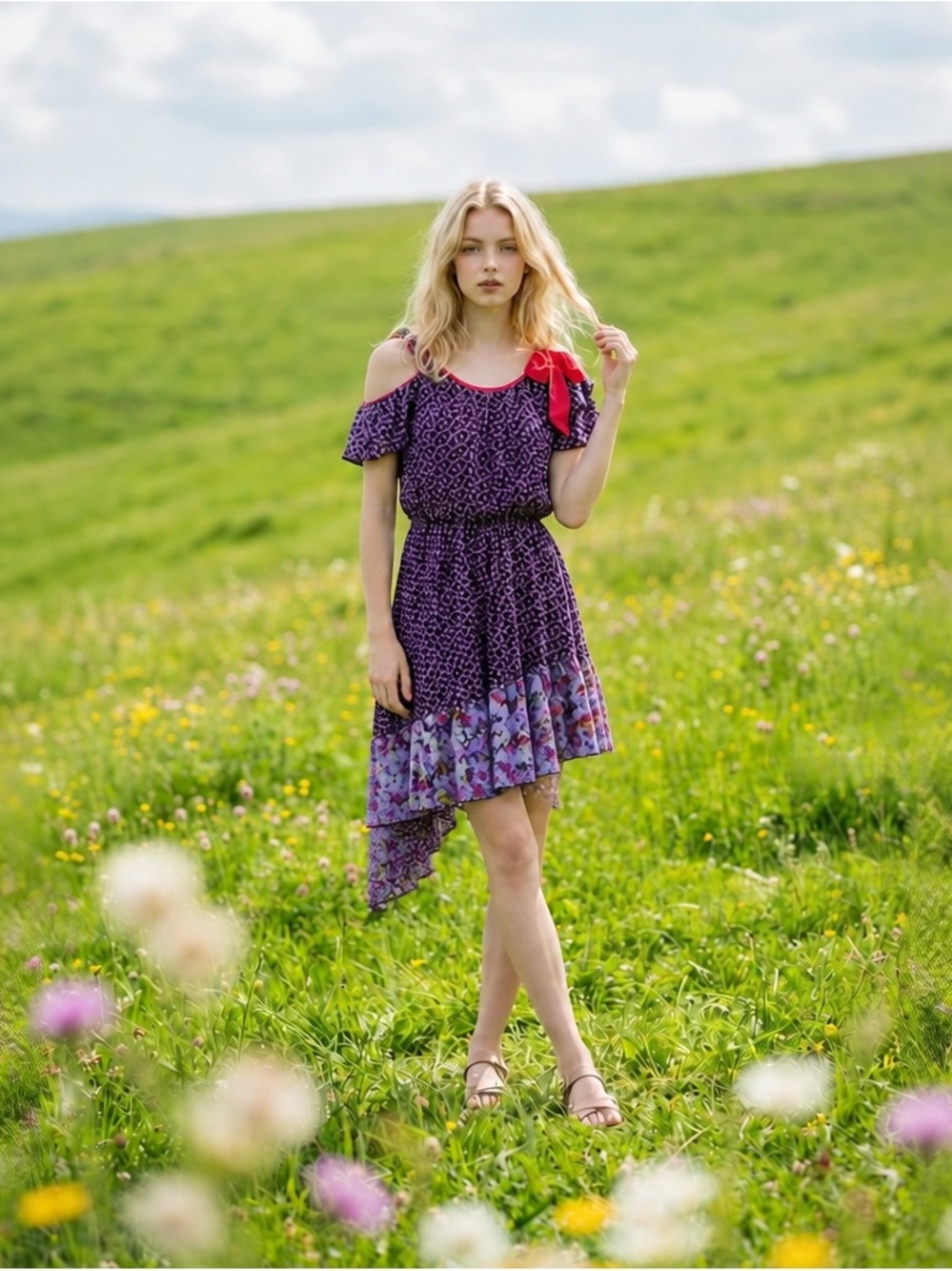 Free People Black Mini Dress with Pink Floral Print and Hot Pink Trim